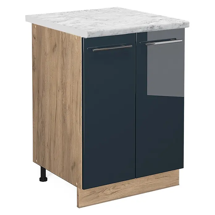 Vicco Schrankküche Fame-Line Dunkelblau Hochglanz, AP Marmor - Dunkelblau Hochglanz, Unterschrank 60 cm, AP Marmor - Dunkelblauer Hochglanz-Küchenunterschrank mit weißer Marmorplatte, heller Holzseite und Metallgriffen.
