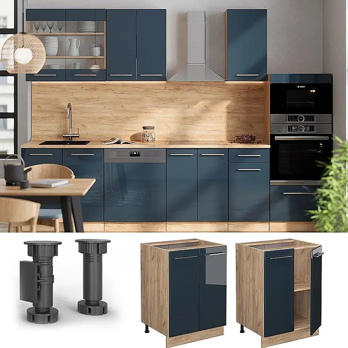 Vicco Schrankküche Fame-Line Dunkelblau Hochglanz ohne Arbeitsplatte - Dunkelblau Hochglanz, Unterschrank 60 cm - Moderne Küche mit dunkelblauen Hochglanzschränken, Holzoptik-Paneelen, Einbaugeräten und sichtbaren verstellbaren Schranksockeln.