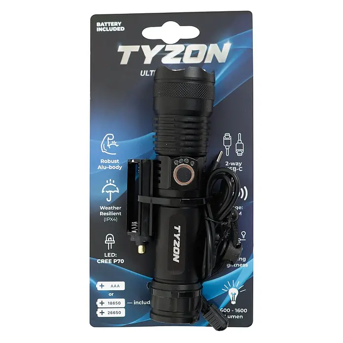 Taschenlampe Stablampe TYZON - Batteriebetrieben, Schwarz, 1.600 lm - Schwarze TYZON Taschenlampe in Verpackung, mit robustem Aluminiumgehäuse, CREE P70 LED, wetterfest (IPX4), und verschiedenen Batterieoptionen.