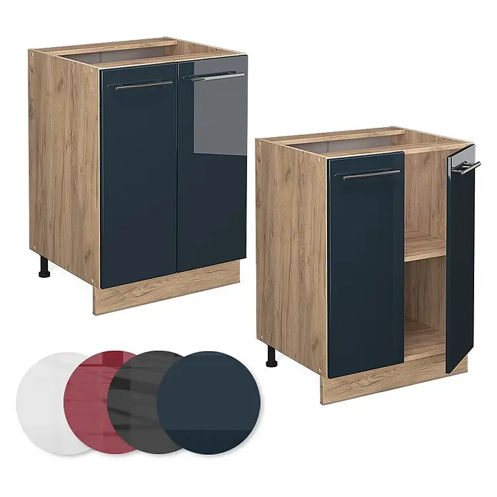 Vicco Schrankküche Fame-Line Dunkelblau Hochglanz ohne Arbeitsplatte - Dunkelblau Hochglanz, Unterschrank 60 cm - Zwei Küchenunterschränke aus Holz mit dunkelblauen Hochglanztüren. Einer ist offen und zeigt ein Regal.
