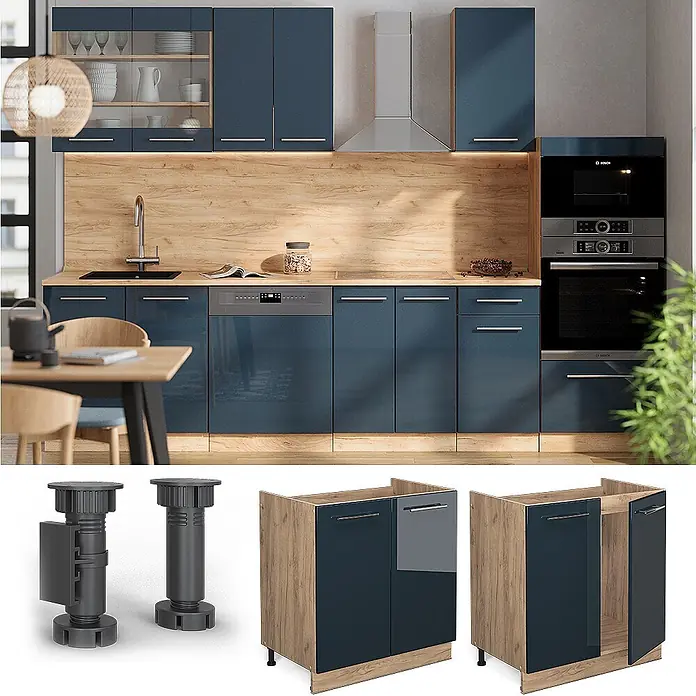 Vicco Schrankküche Fame-Line Dunkelblau Hochglanz, AP Anthrazit - Dunkelblau Hochglanz, Spülenunterschrank 80 cm, AP Anthrazit - Moderne Küche mit hochglänzenden blauen Schränken, Holzoptik-Arbeitsplatte, integrierten Geräten und verstellbaren Sockelfüßen.