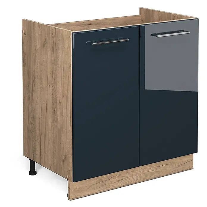 Vicco Schrankküche Fame-Line Dunkelblau Hochglanz ohne Arbeitsplatte - Dunkelblau Hochglanz, Spülenunterschrank 80 cm - Zweitüriger Unterschrank mit Holzoptik-Seiten und dunkelblauen Hochglanztüren, mit silbernen Griffen und verstellbaren Füßen.