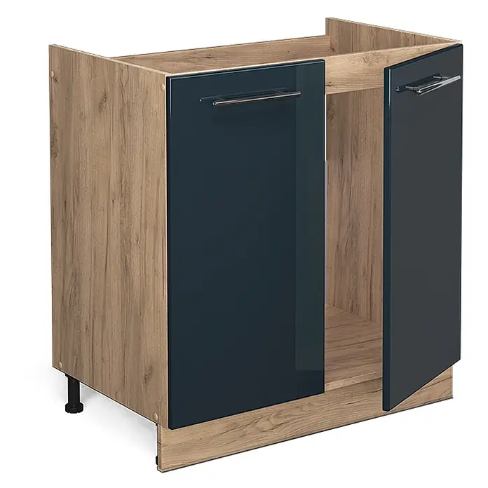 Vicco Schrankküche Fame-Line Dunkelblau Hochglanz, AP Anthrazit - Dunkelblau Hochglanz, Spülenunterschrank 80 cm, AP Anthrazit - Heller Holz-Küchenunterschrank mit zwei glänzenden, dunkelblauen Türen, eine offen, Metallgriffen und verstellbaren Füßen.