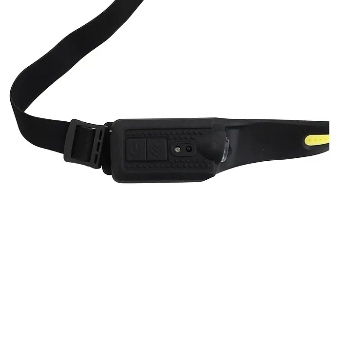 Stirnlampe TYZON mit LED-Lichtband - 35 lm - 283 lm - Schwarze Stirnlampe mit verstellbarem Elastikband, einem schwarzen Bedienfeld mit Power- und Modustasten und einem gelben Akzent.