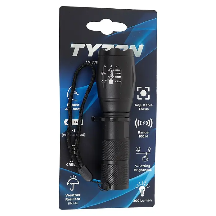 Taschenlampe Stablampe TYZON - Batteriebetrieben, Schwarz, 300 lm - Schwarze TYZON Taschenlampe mit Handschlaufe in Verpackung. Hauptmerkmale: einstellbarer Fokus, 300 Lumen.
