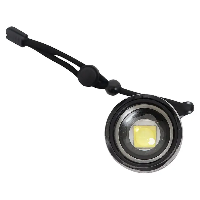 Taschenlampe Stablampe TYZON - Batteriebetrieben, Schwarz, 1.600 lm - Kleine schwarze LED-Leuchte mit gelber LED, befestigt an einem flexiblen schwarzen Band.