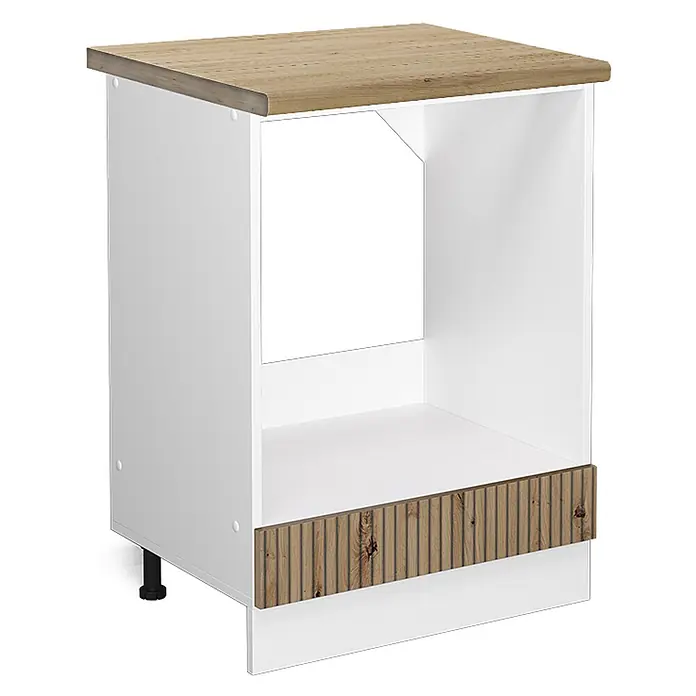 Vicco Schrankküche R-Line Artisan-Eiche, AP Eiche - Artisan-Eiche, Herdumbauschrank 60 cm, AP Eiche - Weißer Unterschrank mit offenem Fach, heller Holzplatte und geriffelter Holzdekorblende.