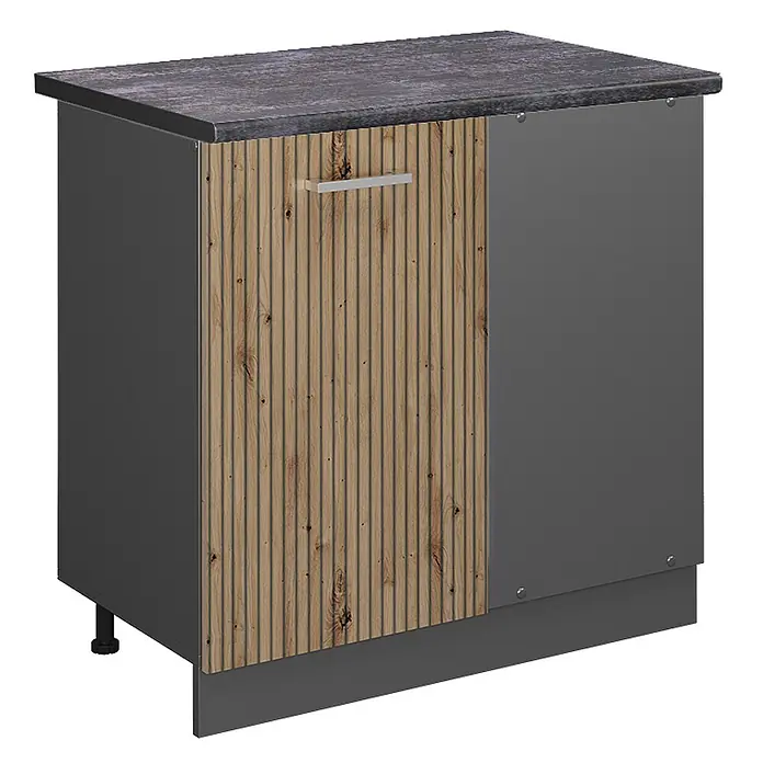 Vicco Schrankküche R-Line Artisan-Eiche, AP Anthrazit - Artisan-Eiche, Eckunterschrank 86 cm, AP Anthrazit - Dunkelgrauer Küchenunterschrank mit gerippter Holztür und dunkler Arbeitsplatte.
