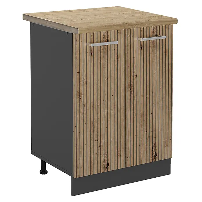 Vicco Schrankküche R-Line Artisan-Eiche, AP Eiche - Artisan-Eiche, Unterschrank 60 cm, AP Eiche - Zweitüriger Schrank: gerippte Holzfront, helle Holzplatte, dunkelgraue Seiten und Sockel, silberne Griffe.