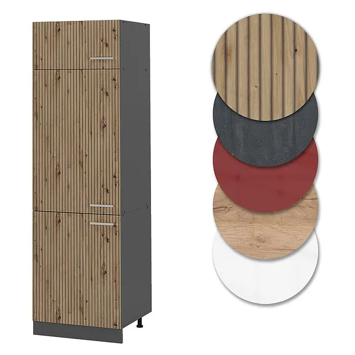 Vicco Schrankküche R-Line Artisan-Eiche - Artisan-Eiche, Kühlumbauschrank - Hoher Schrank mit Lamellentüren aus Holz und dunkelgrauem Korpus, daneben Materialmuster.