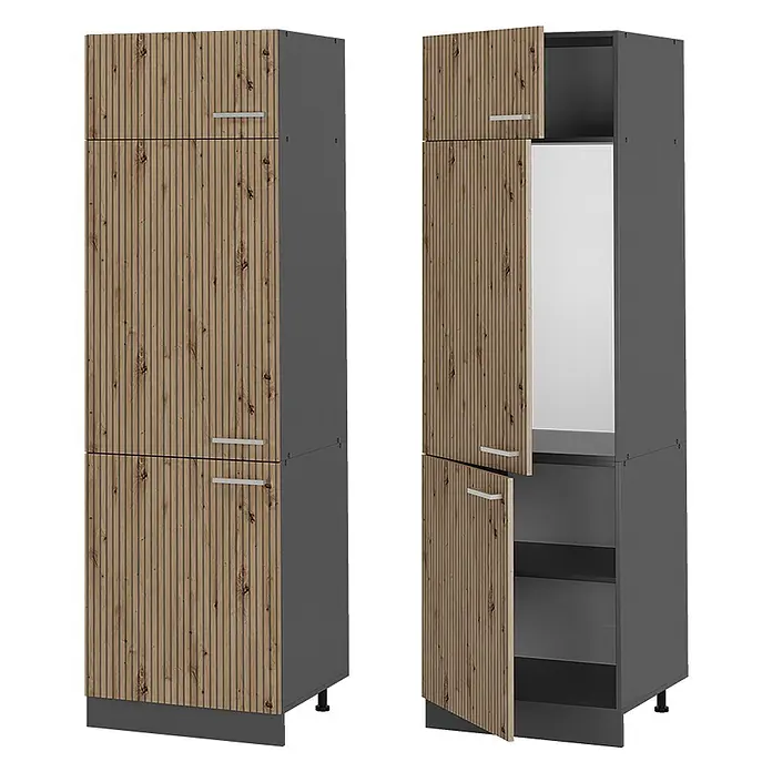 Vicco Schrankküche R-Line Artisan-Eiche - Artisan-Eiche, Kühlumbauschrank - Hoher Schrank mit dunkelgrauem Korpus und hellen Holzlamellentüren, geschlossen und offen dargestellt.