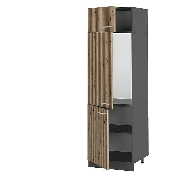 Vicco Schrankküche R-Line Artisan-Eiche - Artisan-Eiche, Kühlumbauschrank - Hoher grauer Schrank mit Holzmaserung, geriffelten Türen und silbernen Griffen. Mit offenen und geschlossenen Fächern.