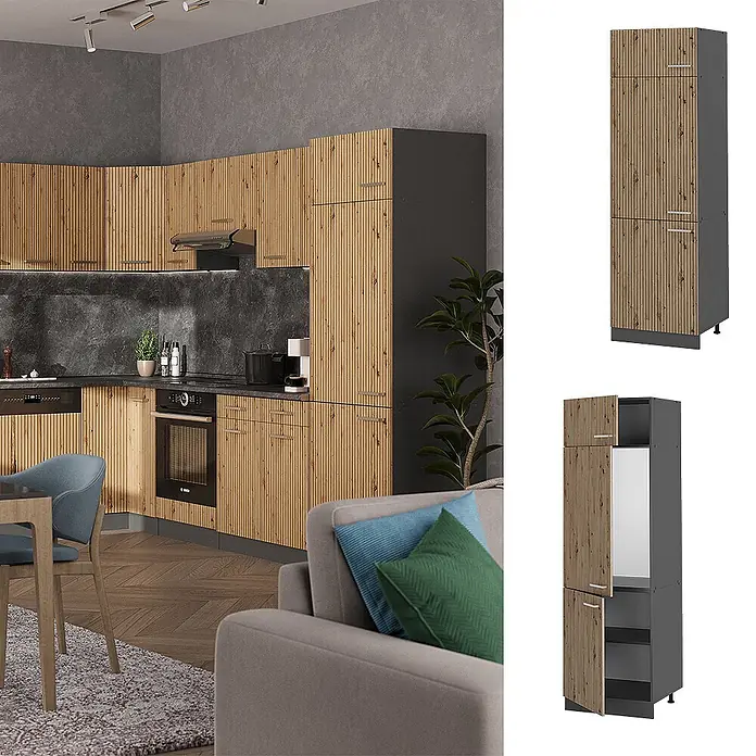Vicco Schrankküche R-Line Artisan-Eiche - Artisan-Eiche, Kühlumbauschrank - Moderne Küche mit gerippten hellen Holzfronten und dunkelgrauen Elementen, mit Einbaugeräten und hohen Lagerschränken.