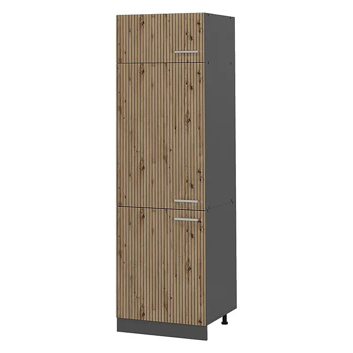 Vicco Schrankküche R-Line Artisan-Eiche - Artisan-Eiche, Kühlumbauschrank - Hoher Vorratsschrank mit vertikal geriffelten Holzdekor-Türen, dunkelgrauem Korpus und silbernen Griffen.