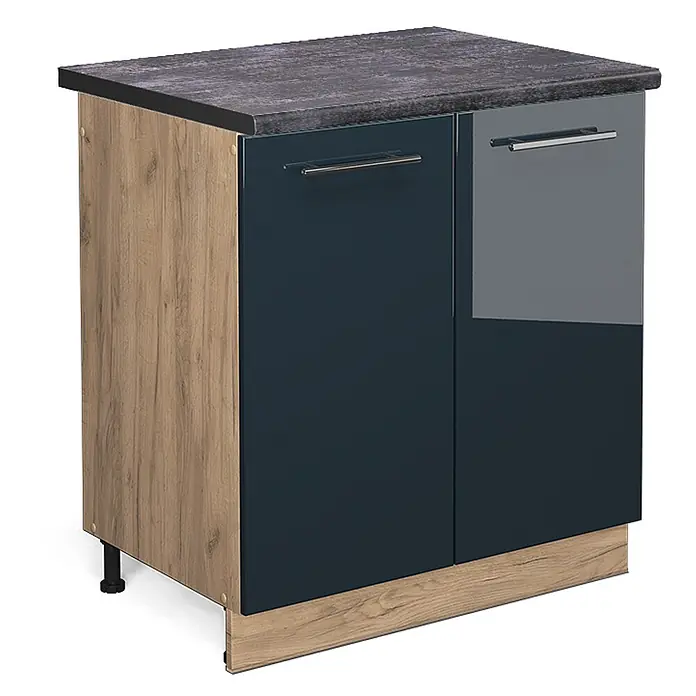Vicco Schrankküche Fame-Line Dunkelblau Hochglanz, AP Anthrazit - Dunkelblau Hochglanz, Spülenunterschrank 80 cm, AP Anthrazit - Zweitüriger Schrank mit dunkelgrauer Steinoptik-Arbeitsplatte, dunkelblauen Türen sowie hellen Holzmaserungsseiten und Sockel.