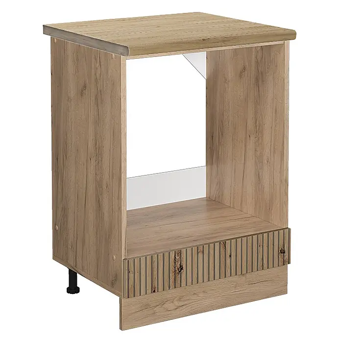 Vicco Schrankküche R-Line Artisan-Eiche, AP Eiche - Artisan-Eiche, Herdumbauschrank 60 cm, AP Eiche - Helles Holzmaserung-Unterschrank mit offener Ablage, geriffelter Blende und verstellbarem Fuß.