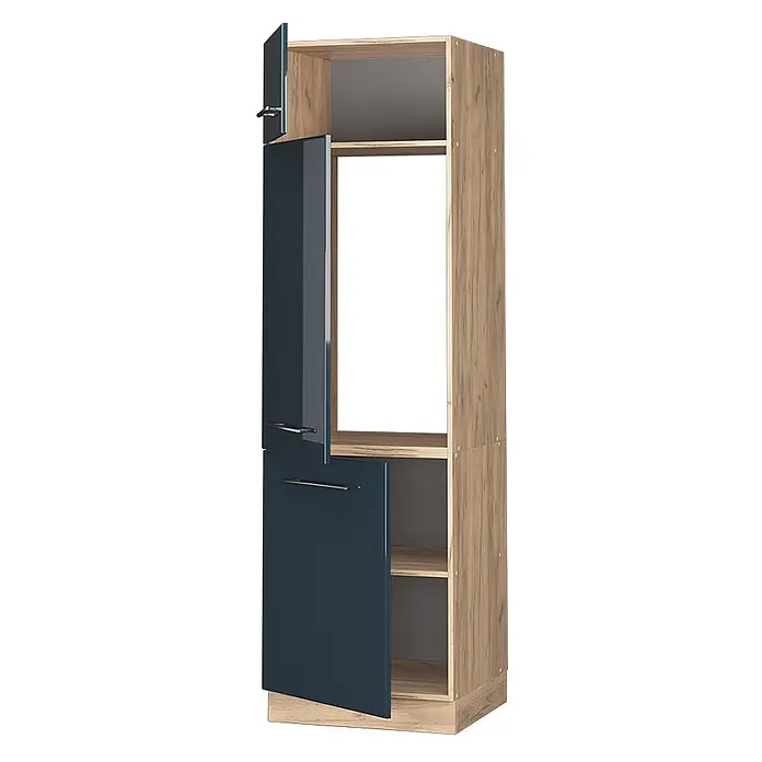 Vicco Schrankküche Fame-Line Dunkelblau Hochglanz - Dunkelblau Hochglanz, Kühlumbauschrank 60 cm - Hohes Holzdekor-Aufbewahrungselement mit dunkelblauen Hochglanztüren und offenen Fächern.