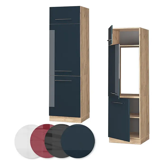 Vicco Schrankküche Fame-Line Dunkelblau Hochglanz - Dunkelblau Hochglanz, Kühlumbauschrank 60 cm - Hoher Küchenschrank mit Korpus in Eichenoptik und hochglänzenden dunkelblauen Türen, geschlossen und offen mit Innenregalen gezeigt.