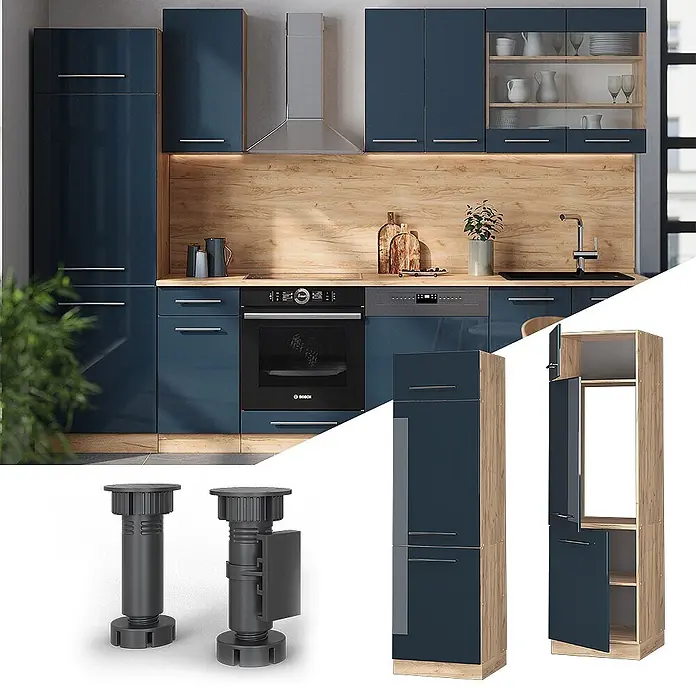 Vicco Schrankküche Fame-Line Dunkelblau Hochglanz - Dunkelblau Hochglanz, Kühlumbauschrank 60 cm - Moderne Küche mit glänzenden tiefblauen Schränken, hölzernem Spritzschutz und integrierten Geräten wie Backofen und Spülmaschine.
