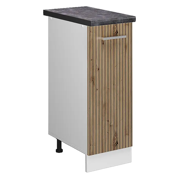 Vicco Schrankküche R-Line Artisan-Eiche, AP Anthrazit - Artisan-Eiche, Apothekerunterschrank 30 cm, AP Anthrazit - Küchenunterschrank mit dunkelgrauer Arbeitsplatte, weißer Seitenwand und geriffelter Holzoptikfront mit silbernem Griff.