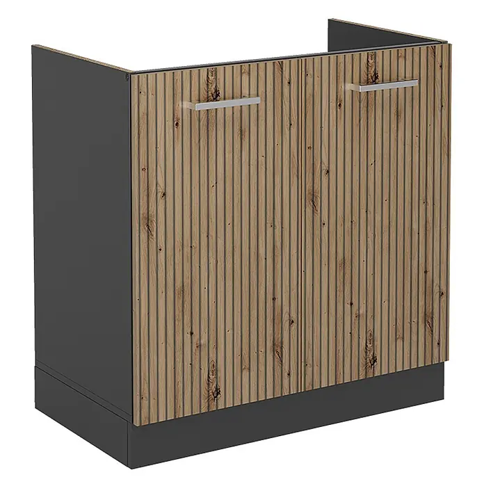 Vicco Schrankküche R-Line Artisan-Eiche ohne Arbeitsplatte - Artisan-Eiche, Spülenunterschrank 80 cm - Küchenunterschrank mit zwei strukturierten Holzlamellentüren, silbernen Griffen und dunkelgrauen Seiten und Sockel.