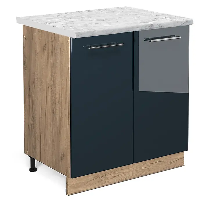 Vicco Schrankküche Fame-Line Dunkelblau Hochglanz, AP Marmor - Dunkelblau Hochglanz, Spülenunterschrank 80 cm, AP Marmor - Küchenunterschrank mit weißer Marmor-Arbeitsplatte, hochglänzenden dunkelblauen Türen und Seiten in heller Holzoptik.