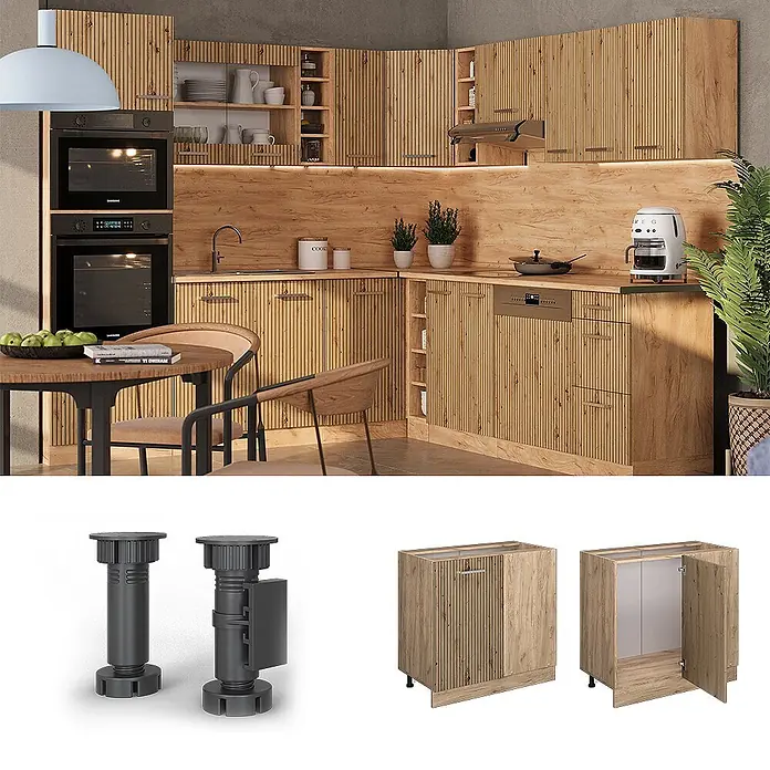 Vicco Schrankküche R-Line Artisan-Eiche ohne Arbeitsplatte - Artisan-Eiche, Eckunterschrank 86 cm - Moderne Küche mit hellen Holzlamellenfronten, integrierten Geräten und passender Arbeitsplatte.