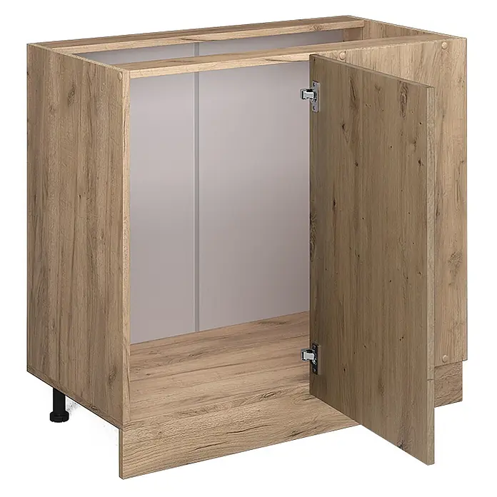 Vicco Schrankküche R-Line Artisan-Eiche ohne Arbeitsplatte - Artisan-Eiche, Eckunterschrank 86 cm - Hellbrauner Küchenunterschrank in Holzoptik mit einer leicht geöffneten Tür, sichtbarem Innenraum und verstellbaren Füßen.