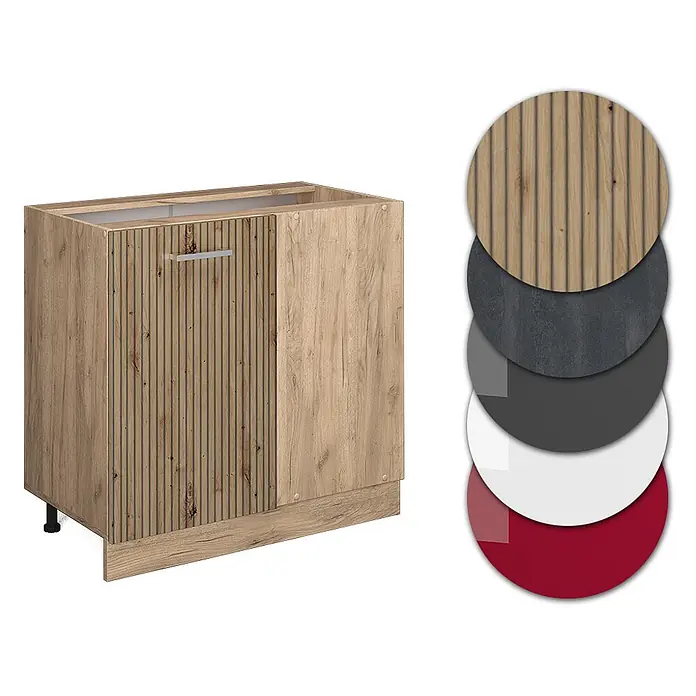 Vicco Schrankküche R-Line Artisan-Eiche ohne Arbeitsplatte - Artisan-Eiche, Eckunterschrank 86 cm - Küchenunterschrank mit Holzoptik-Türen, eine geriffelt, eine glatt, mit optionalen Oberflächen: Riffelholz, Dunkelgrau, Grau, Weiß, Rot.
