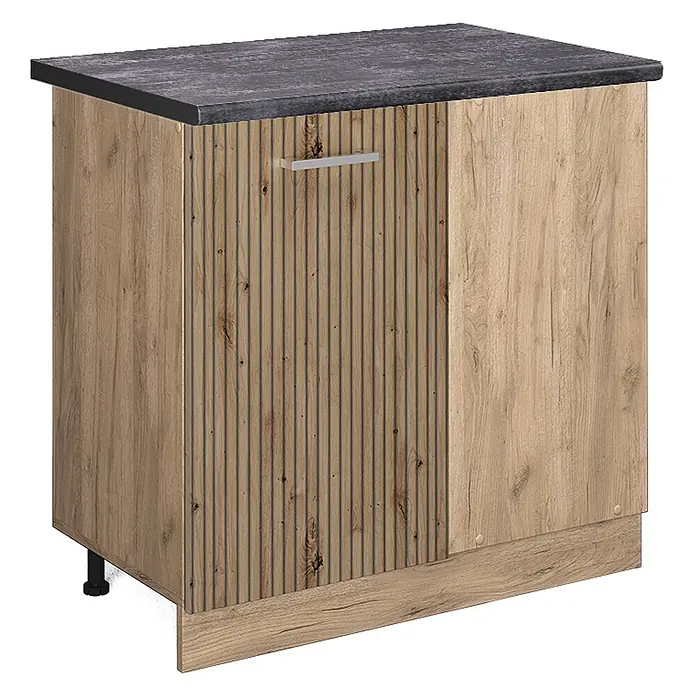 Vicco Schrankküche R-Line Artisan-Eiche, AP Anthrazit - Artisan-Eiche, Eckunterschrank 86 cm, AP Anthrazit - Heller Küchenunterschrank aus Holz mit dunkelgrauer Arbeitsplatte, gerippter Tür und silbernem Griff.