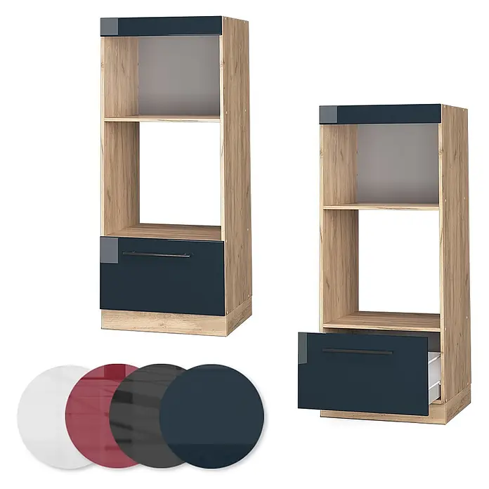 Vicco Schrankküche Fame-Line Dunkelblau Hochglanz offen - Dunkelblau Hochglanz, Mikrowellenumbauschrank 60 cm (offen) - Hoher Schrank mit Holzoptik-Rahmen & dunkelblau-grauen Hochglanzfronten, offenen Fächern & einer Schublade, eine offen.