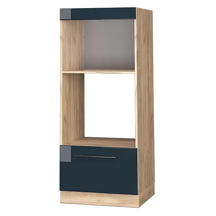 Vicco Schrankküche Fame-Line Dunkelblau Hochglanz offen - Dunkelblau Hochglanz, Mikrowellenumbauschrank 60 cm (offen) - Hoher Aufbewahrungsschrank mit heller Holzoptik, dunkelblauer Schublade und oberer Tür sowie zwei offenen Fächern.
