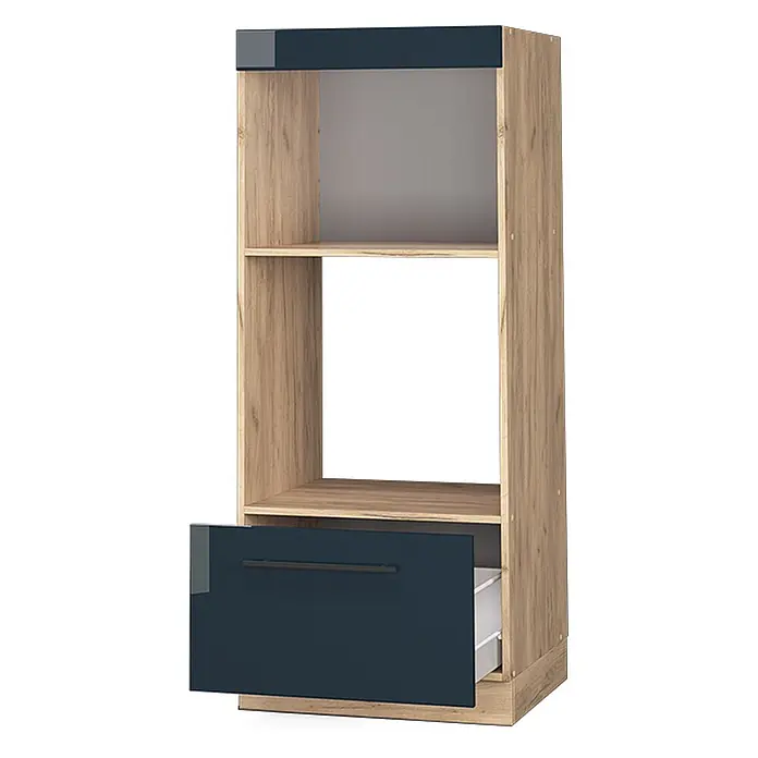 Vicco Schrankküche Fame-Line Dunkelblau Hochglanz offen - Dunkelblau Hochglanz, Mikrowellenumbauschrank 60 cm (offen) - Regaleinheit in Eichenoptik mit dunkelblauer Oberseite und teilweise geöffneter dunkelblauer Schublade mit weißem Innenraum.