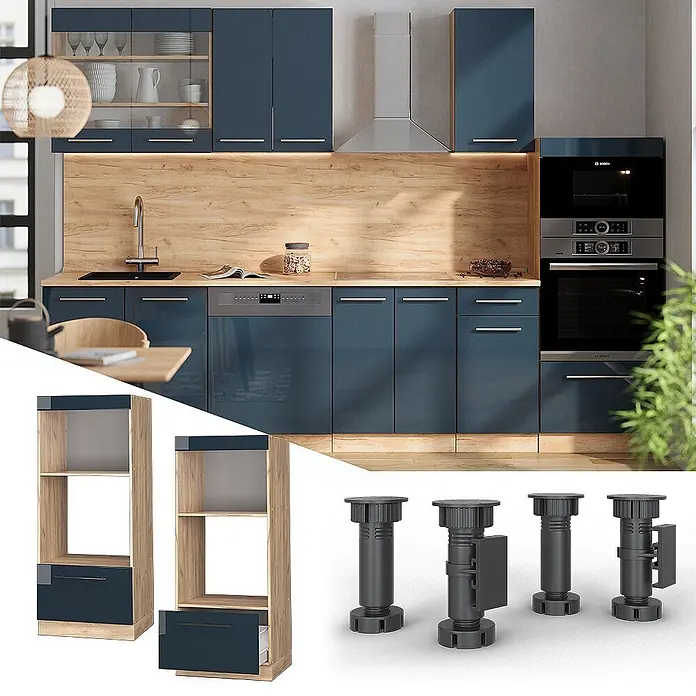 Vicco Schrankküche Fame-Line Dunkelblau Hochglanz offen - Dunkelblau Hochglanz, Mikrowellenumbauschrank 60 cm (offen) - Moderne blau-graue Küche mit Holzakzenten, integrierten Geräten. Separat: offene Regaleinheiten, verstellbare Möbelbeine.