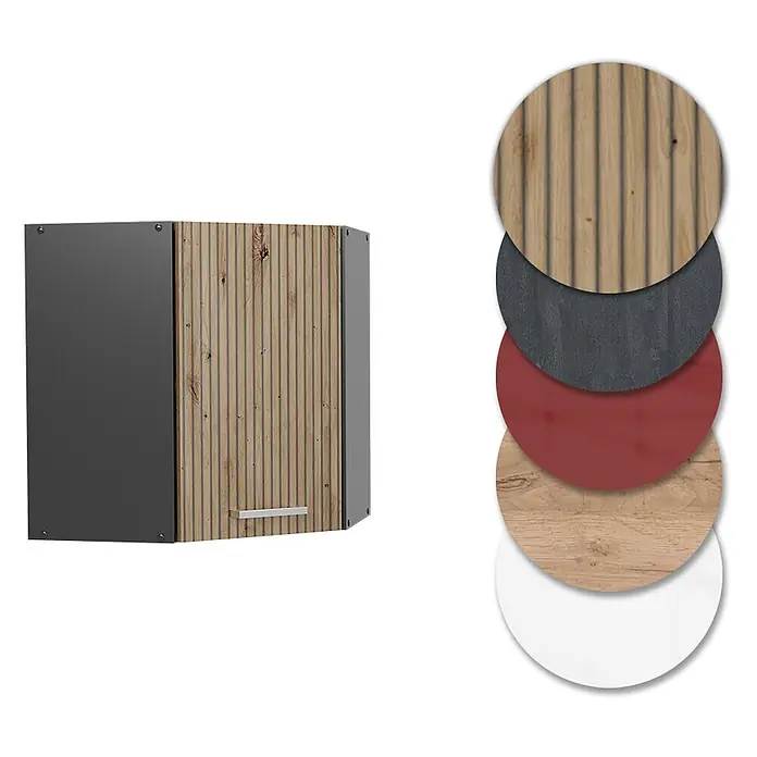 Vicco Schrankküche R-Line Artisan-Eiche - Artisan-Eiche, Eckhängeschrank - Eckhängeschrank mit dunkelgrauem Korpus, gerillter Holztür und Materialmustern (Holz, Grau, Rot, Weiß).