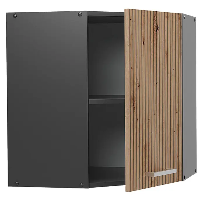 Vicco Schrankküche R-Line Artisan-Eiche - Artisan-Eiche, Eckhängeschrank - Dunkelgrauer Wandschrank mit offener, gerippter Holztür und Griff, zwei Regalböden sichtbar.