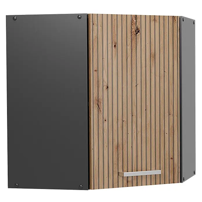 Vicco Schrankküche R-Line Artisan-Eiche - Artisan-Eiche, Eckhängeschrank - Moderner Hängeschrank in Dunkelgrau und geripptem hellem Holz mit silbernem Griff.