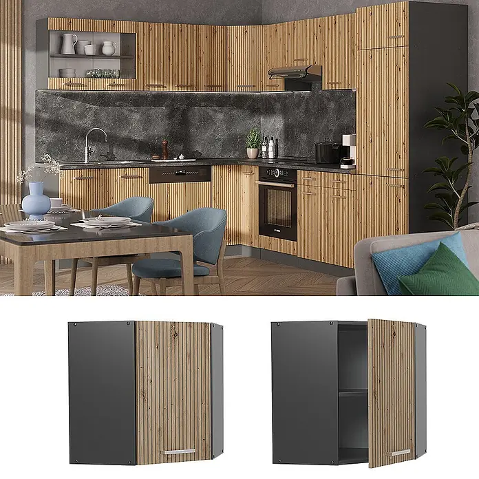 Vicco Schrankküche R-Line Artisan-Eiche - Artisan-Eiche, Eckhängeschrank - Eckküche mit Lamellenfronten in Naturholzoptik und dunkelgrauen Akzenten.