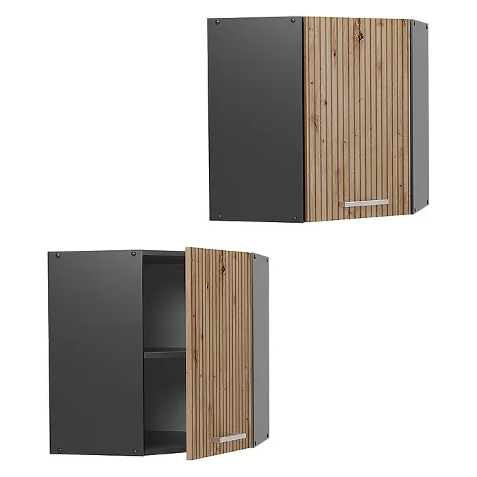 Vicco Schrankküche R-Line Artisan-Eiche - Artisan-Eiche, Eckhängeschrank - Grauer Hängeschrank mit geriffelter Holztür und silbernem Griff, geschlossen und offen.