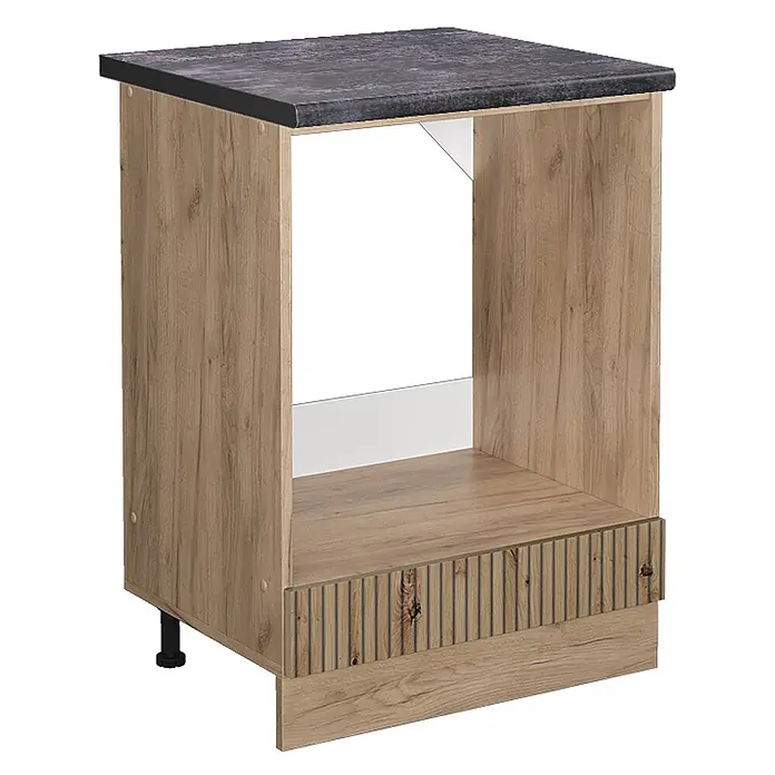 Vicco Schrankküche R-Line Artisan-Eiche, AP Anthrazit - Artisan-Eiche, Herdumbauschrank 60 cm, AP Anthrazit - Heller Holz-Unterschrank mit dunkler Arbeitsplatte und offenem Fach für ein Gerät. Mit dekorativer Rillenblende.