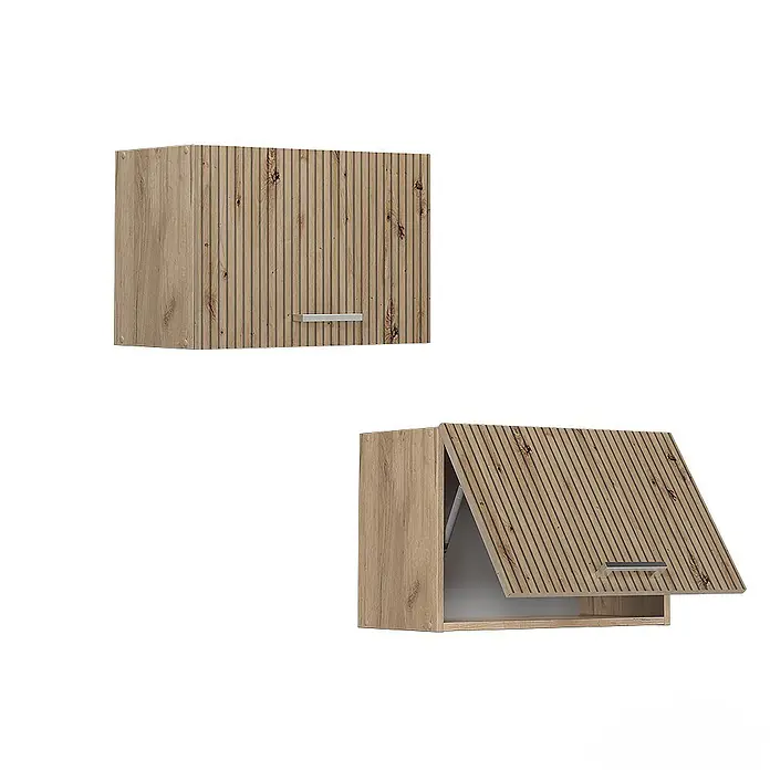 Vicco Schrankküche R-Line Artisan-Eiche Flach - Artisan-Eiche, Hängeschrank 60 cm (flach) - Heller Hängeschrank in Holzoptik mit geriffelter Front, geschlossen und mit geöffneter Klapptür gezeigt.