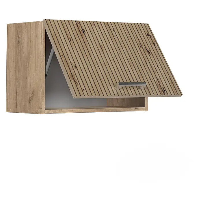 Vicco Schrankküche R-Line Artisan-Eiche Flach - Artisan-Eiche, Hängeschrank 60 cm (flach) - Heller Holz-Wandschrank mit geriffelter, hochklappbarer Tür und silbernem Griff, der den Innenraum zeigt.
