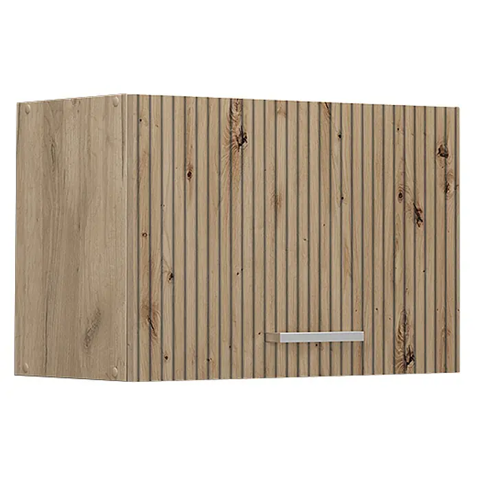 Vicco Schrankküche R-Line Artisan-Eiche Flach - Artisan-Eiche, Hängeschrank 60 cm (flach) - Heller Holz-Hängeschrank mit geriffelter Tür und silbernem Griff.