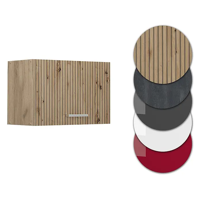 Vicco Schrankküche R-Line Artisan-Eiche Flach - Artisan-Eiche, Hängeschrank 60 cm (flach) - Hölzerner Wandschrank mit Lamellenfront und Metallgriff, abgebildet mit Materialmustern in Holz, Beton, Grau, Weiß und Rot.