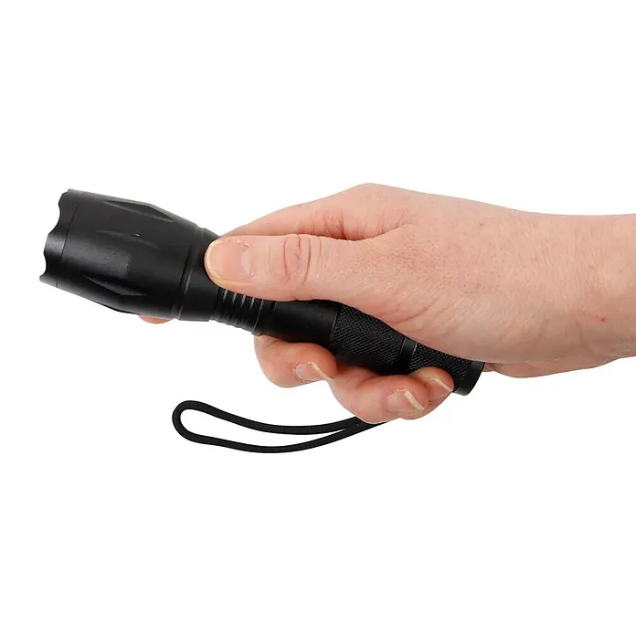 Taschenlampe Stablampe TYZON - Batteriebetrieben, Schwarz, 300 lm - Die Hand einer Person hält eine schwarze Metalltaschenlampe mit strukturiertem Griff und schwarzem Schlüsselband.