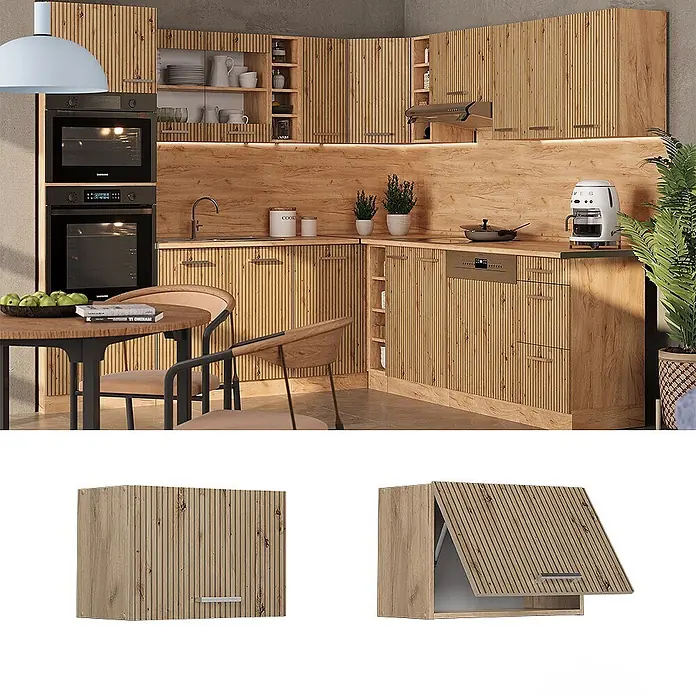 Vicco Schrankküche R-Line Artisan-Eiche Flach - Artisan-Eiche, Hängeschrank 60 cm (flach) - Helle Holz-Küchenschränke mit vertikalen Rillen. Verfügt über nach oben öffnende Hängeschränke.