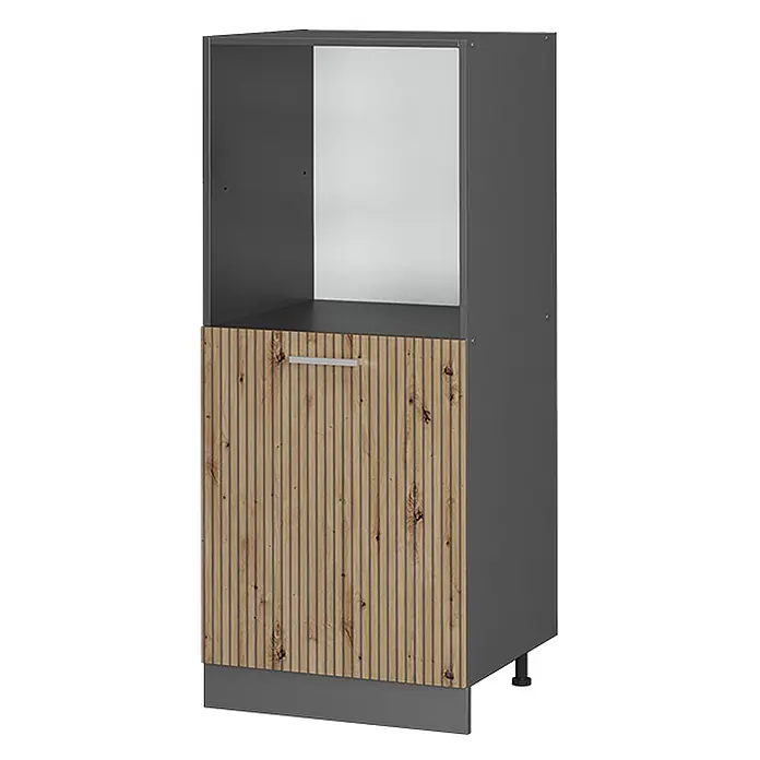 Vicco Schrankküche R-Line Artisan-Eiche - Artisan-Eiche, Backofenumbauschrank 60 cm (halb) - Hoher dunkelgrauer Küchenschrank mit offenem Oberfach und einer hellen Lamellentür aus Holz mit Silbergriff unten.