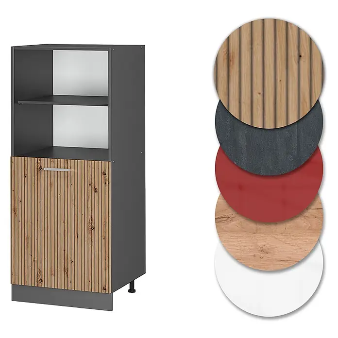 Vicco Schrankküche R-Line Artisan-Eiche - Artisan-Eiche, Backofenumbauschrank 60 cm (halb) - Dunkelgrauer Schrank mit offenen Fächern und strukturierter Holztür, Materialmuster sind abgebildet.
