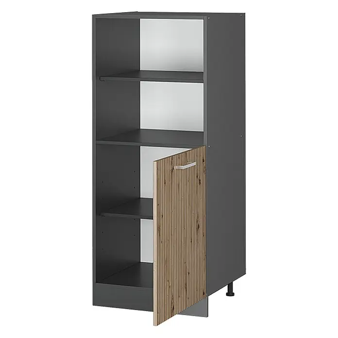 Vicco Schrankküche R-Line Artisan-Eiche - Artisan-Eiche, Backofenumbauschrank 60 cm (halb) - Dunkelgrauer Küchenschrank mit vier Regalböden und gerillter Holzoptik-Tür mit silbernem Griff.