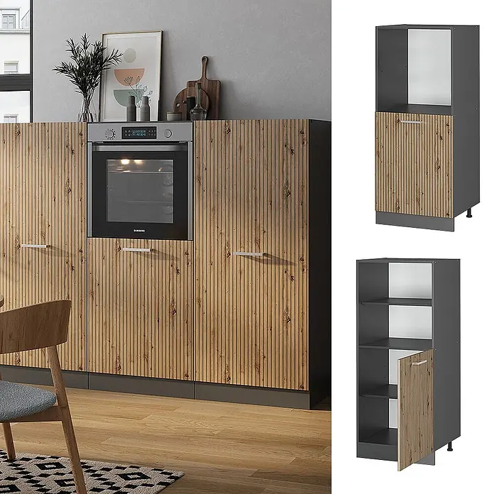 Vicco Schrankküche R-Line Artisan-Eiche - Artisan-Eiche, Backofenumbauschrank 60 cm (halb) - Küchenunterschränke mit gerippten Holzfronten und integriertem Ofen, dazu modulare Hochschränke in Grau und Holz.